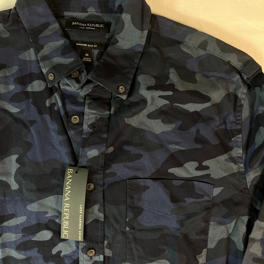 Banana Republic Flannel Shirt Mens M Blue Camo NEW Untucked Slim Fit Luxe Button